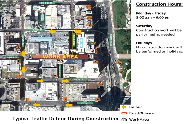Map of the Downtown Flagler Street Construction Detours and Construction Operation Hours